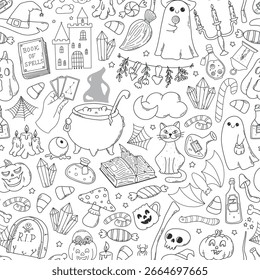 Patrón monocromático de Halloween sin fisuras con garabatos para colorear libros, Fondo de pantalla, fondos, papel de regalo, etc. EPS 10