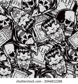 Halloween monochrome seamless pattern with gravestones skulls spooky horned devil and scary grim reaper heads in vintage style vector illustration