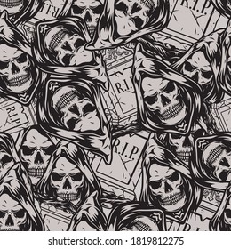 Halloween monochrome seamless pattern with grim reaper heads and tombstones in vintage style vector illustration