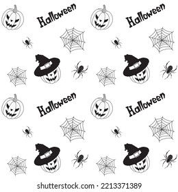 Halloween monochrome seamless pattern with pumpkins, spiders, webs and text. Elements isolated on white background. Vector design great for wrapping paper, wallpaper, textile, cover and package.