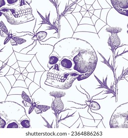 Halloween monochrome seamless pattern with realistic human skull, spider web, moths and flowers. Gothic print in retro engraving style.