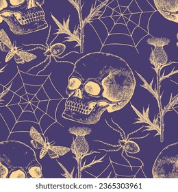 Halloween monochrome seamless pattern with realistic human skull, spider web, moths and flowers. Gothic print in retro engraving style.