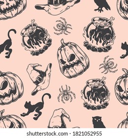 Halloween Monochrome Seamless Pattern With Spooky Pumpkins Spiders Cats Owl Witch Hats And Cauldrons Of Magic Potion In Vintage Style Vector Illustration