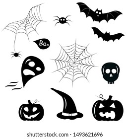 Halloween  monochrome set of elements isolated on a white background-pumpkins, cobwebs, bat, ghost, spider, hat. Vector graphics.