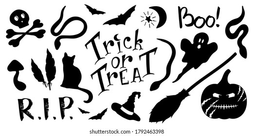 Halloween monochrome silhouette sticker pack. Big set of drawn elements and lettering for print design. Black objects isolated on the white background.EPS 10