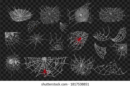 La telaraña monocroma de Halloween y las arañas aisladas en el fondo negro. Hector venom cobweb set. Ilustración del vector