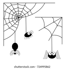 Halloween monochrome spider web and spiders isolated on white background. Vector illustration