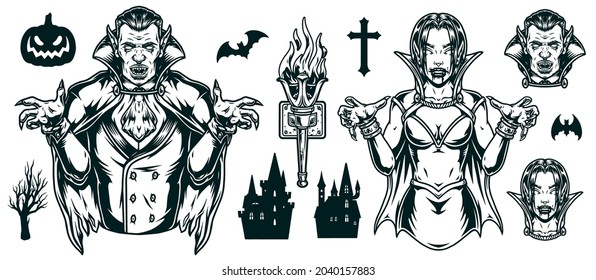 Halloween monochrome vintage composition with spooky male and female vampires in capes bats cross haunted houses pumpkin dry tree burning torch in holder isolated vector illustration