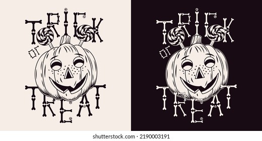 Halloween monochrome vintage emblem with candy, pumpkin head stylized as human freckled kids face. Traditional text Trick or Trick. Letters made of bones. Isolated vector illustration