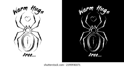 Halloween monochrome vintage emblem with spider, heart, text Warm hugs in sketch style. Grunge uneven paint brush strokes, smears. Design elements for Halloween decoration, t-shirt design.