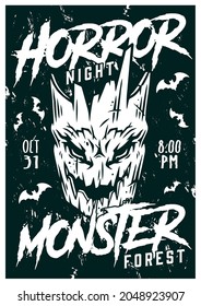 Halloween monochrome vintage poster with dry spooky monster tree head and flying bats vector illustration