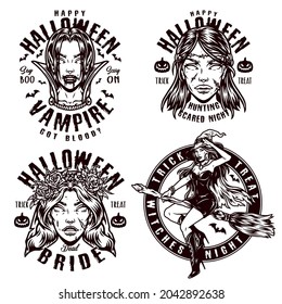 Halloween monochrome vintage prints with evil female zombie vampire dead bride heads and attractive witch in hat and cape flying on broom isolated vector illustration