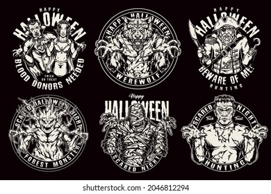 Halloween-Monochrom-Vintage-Drucke mit männlichen und weiblichen Vampire beängstigend, werewolf aggressive Pirat-Trockenwald-Monster-Mummy Zombie einzelne Vektorgrafik