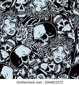 Halloween monochrome vintage seamless pattern with skulls spooky grim reaper and corpse bride heads skeleton hands holding dead flowers vector illustration