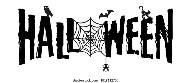 Halloween monochrome vintage template with black typographic inscription owl bat spider cat and cobweb on white background isolated vector illustration