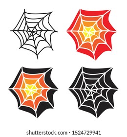 Halloween monochrome web, isolated on white background. Bright colors Spider net black, orange, yellow, red Vector illustration. Venom cobweb set.