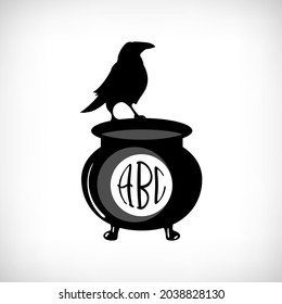 Halloween monogram. Magic witch cauldron with black crow.  Elements for halloween house decorations. Vector illustration for Halloween party, greeting cards. 