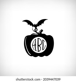 Halloween monogram. Pumpkin monogram with bat.  Elements for halloween house decorations. Vector illustration for Halloween party, t shirt, greeting card, invitation. 
