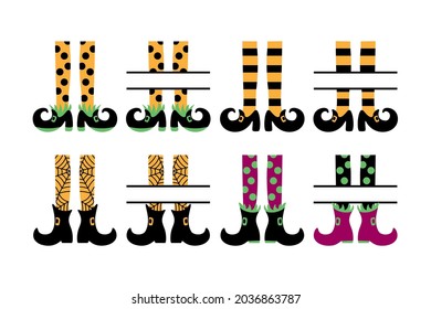 Halloween monogram set. Witch legs in striped stockings collection. Elements for halloween diy decoration. Vector illustration for Halloween party. 