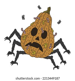 Halloween monster. Alive rotten pumpkin with many hands. Spooky zombie vecgetable with legs. Dead rooten pumpkin eaten by worms. Vector cartoon illustration