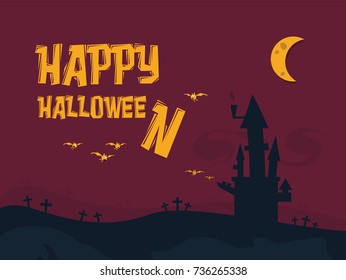 Halloween monster bats flying towards a castle in a graveyard with a quarter moon
