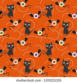 Halloween monster and cat seamless pattern. Funny Halloween concept.