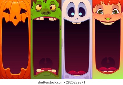 Halloween monster character faces. Vector pumpkin jack o lantern with wide grin, green rotten zombie, pale ghost face with blue eyes and witch with sharp teeth. Halloween banners with face and mouth