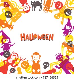 Halloween Monster Characters Frame, Shape and Colorful Vector Illustration