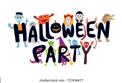 Halloween Monster Characters Party with Text, Colorful Vector Illustration
