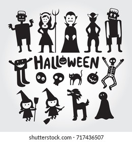 Halloween Monster Characters Set, Silhouette, Black and White, Shape