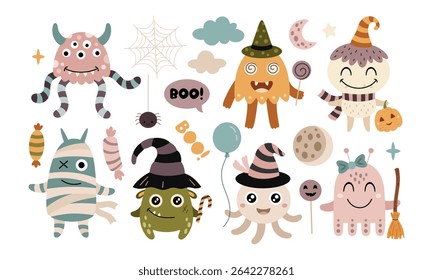 Halloween monster clipart set. Cute spooky seasonal elements, Halloween character, Happy Halloween hand drawn vector illustration in flat style