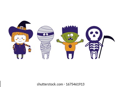 Halloween monster costume. Vector hand-drawn illustration with mummy, skeleton, Frankenstein, witches on a white background. 