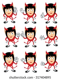 Halloween monster costume.vector 9 set of cute devil girls with hand gestures