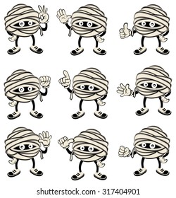 Halloween monster costume.vector 9 set of cute mummy with hand gestures