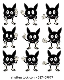 Halloween monster costume.vector 9 set of cute black cat with hand gestures