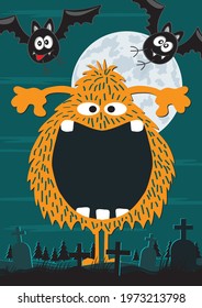 Halloween Monster cute, creepy and tall with big open mouth with  copy space, funny bats and big full moon with cemetery background, cartoon illustration for Halloween invitation