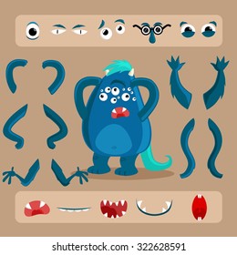 Halloween, monster design attributes, body parts, mouth, eyes mimics and other details of vector image illustration set for decoration, postcards, posters, stickers, labels and other  creative needs.