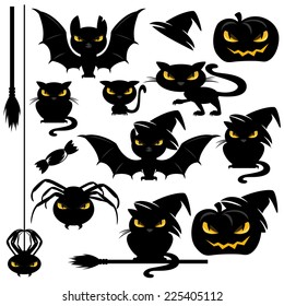 halloween monster design elements set - funny vector animals - cats, bats, spiders and pumpkins collection