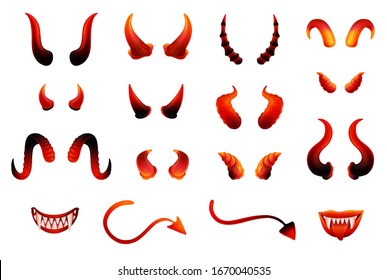 Halloween monster or devil attributes and body parts set, realistic vector illustration isolated on white background. Postcards holiday decoration or stickers.