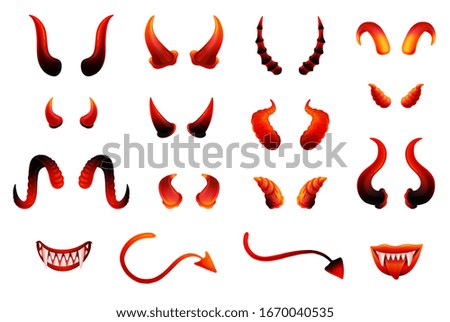 Halloween monster or devil attributes and body parts set, realistic vector illustration isolated on white background. Postcards holiday decoration or stickers.