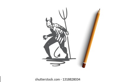 Halloween, monster, devil, scary, pitchfork concept. Hand drawn Halloween monster devil with pitchfork concept sketch. Isolated vector illustration.