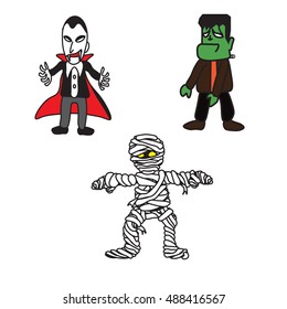 halloween monster , franken stein, dracula, mummy