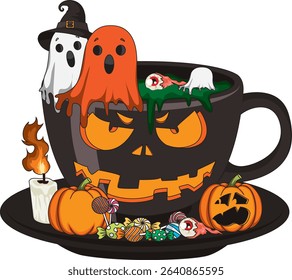 Halloween Monster Ghost Coffee Cup With Candle Pumpkin Vector