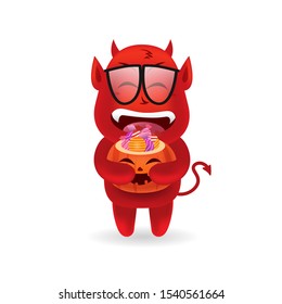 Halloween monster and ghost costume Cute devil carrying Halloween pumpkin bucket of candy with isolated background