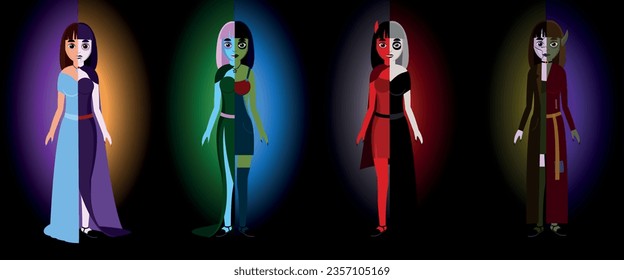 Halloween monster girls illustration. Cartoon illustration of people for Halloween. Girls in monster costumes.