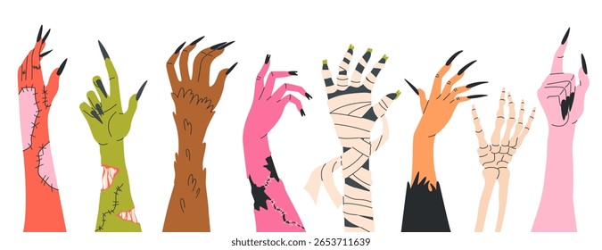 Banner das mãos do monstro do Halloween. Borda de vetor plana com diversas mãos assustadoras alcançando. Mamãe, zumbi, lobisomem, esqueleto, vampiro. Ideal para fundos festivos, web design, Truque ou temas de tratamento.