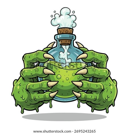 Halloween monster hands grasping glowing potion bottle spooky beverage magic elixir vector