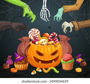 Halloween monster hands and holiday sweets bucket for horror night, cartoon vector background. Halloween trick or treat party with zombie, werewolf and skeleton hands with spooky candies in pumpkin