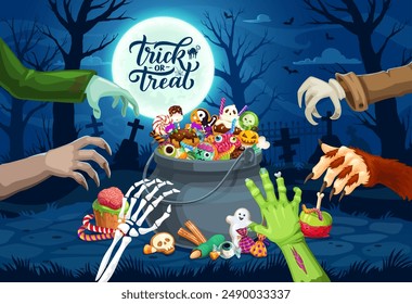 Halloween monster hands and sweets bucket on midnight holiday cemetery. Fall horror holiday, Halloween season vector banner with werewolf, zombie, vampire and skeleton hands, candies in cauldron