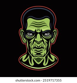 Halloween Monster Kopf frankenstein Vektorgrafik im farbigen Stil auf dunklem Hintergrund